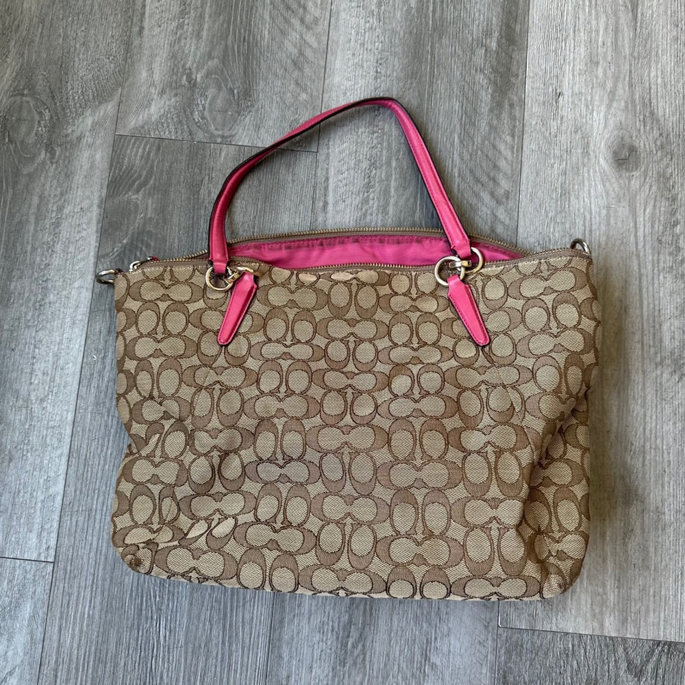 Coach Signature Canvas Pink Leather Trim Tote Bag Shoulder Purse - Picture 5 of 8